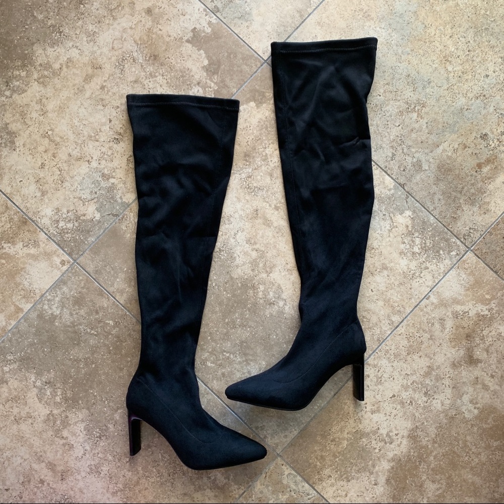 NEW IN BOX Black Faux Suede Thigh High Heeled Boots - Picture 1 of 3